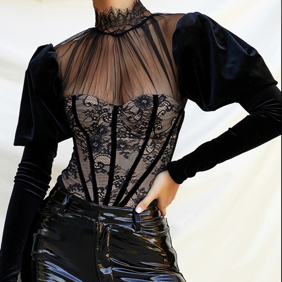 House of CB Tops - HOUSE OF CB 'Athenea' Black Lace Bodysuit Black Velvet  Puff Sleeve Corset